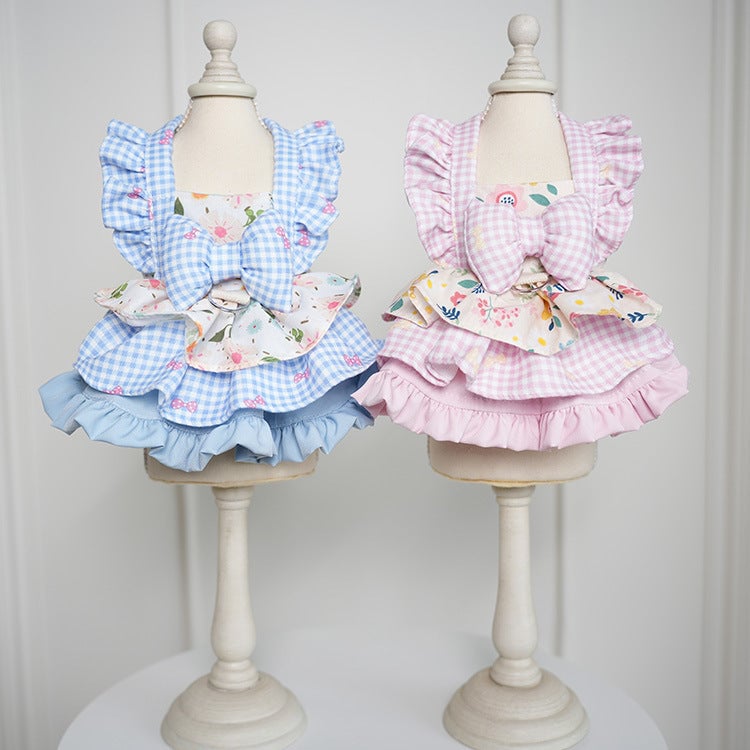 Floral Plaid Ruffled Dog Cat Dress Harness