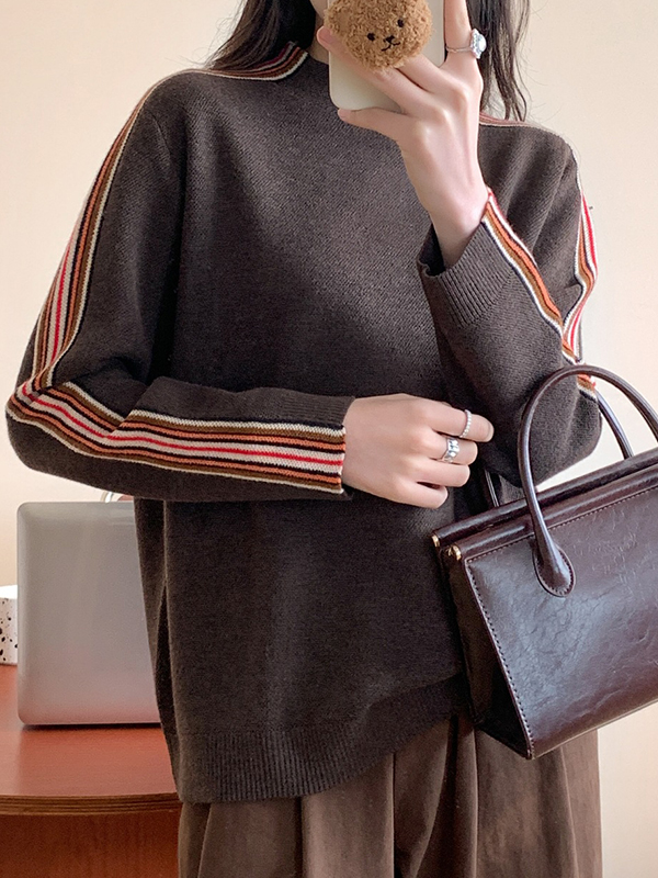 Long Sleeves Loose Contrast Color Striped Mock Neck Pullovers Sweater Tops