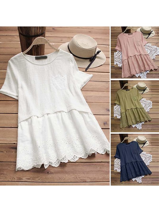 Women Tops Peneled Pockets Short Sleeve Casual Blouses