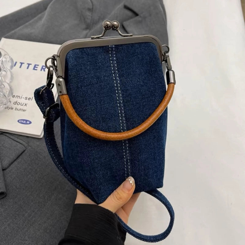 Women's Small Denim Solid Color Streetwear Sewing Thread Square Clasp Frame Phone Wallets