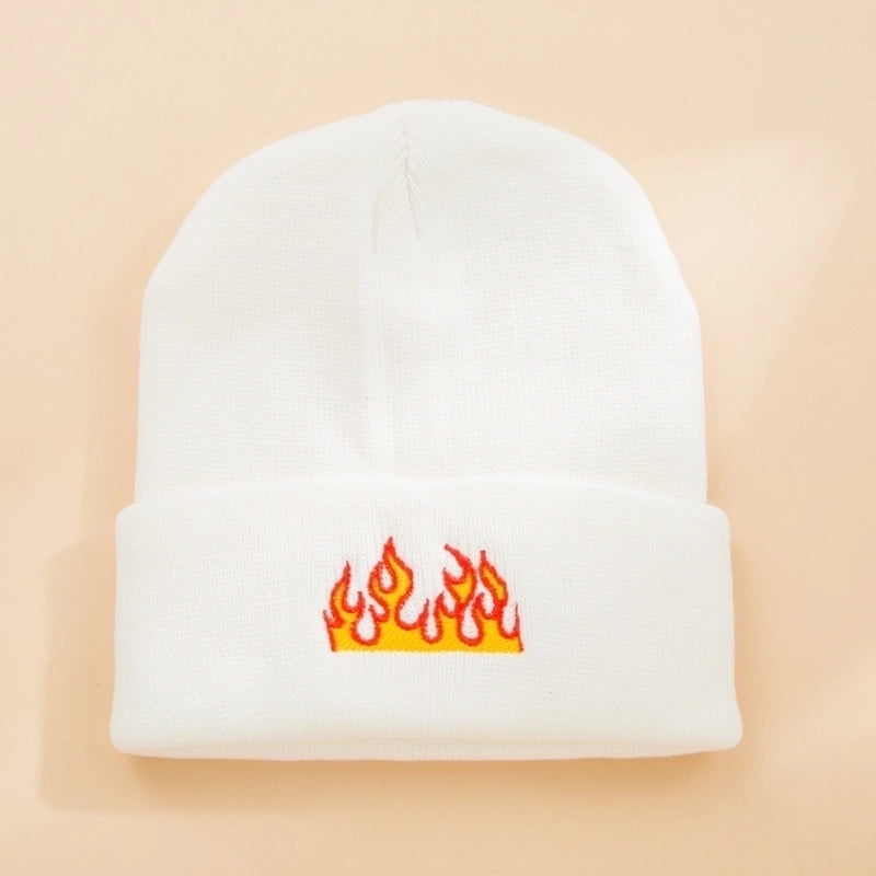 Unisex Fashion Flame Embroidery Crimping Eaveless Wool Cap