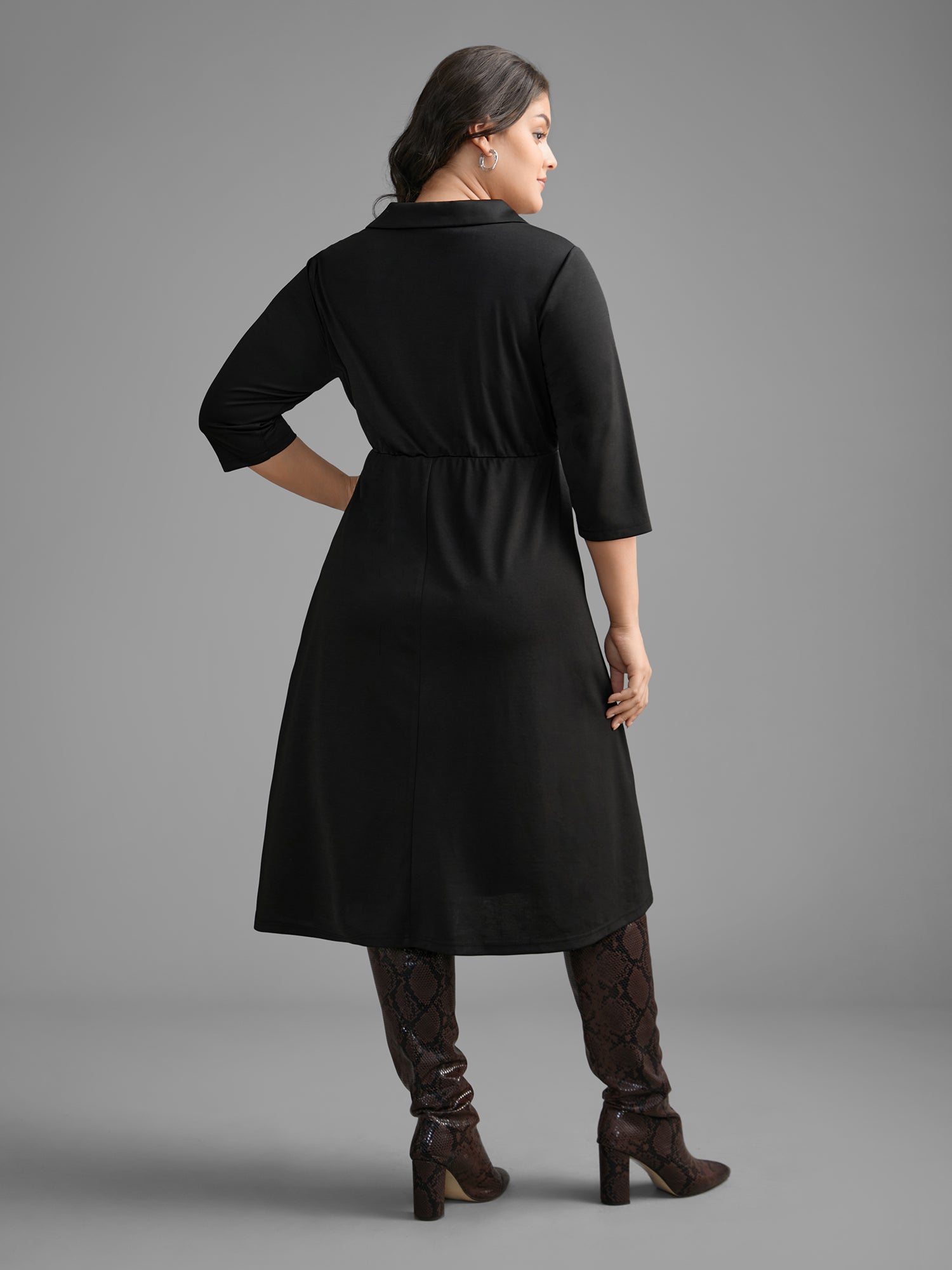 Suit Collar Half Zip Midi Dress