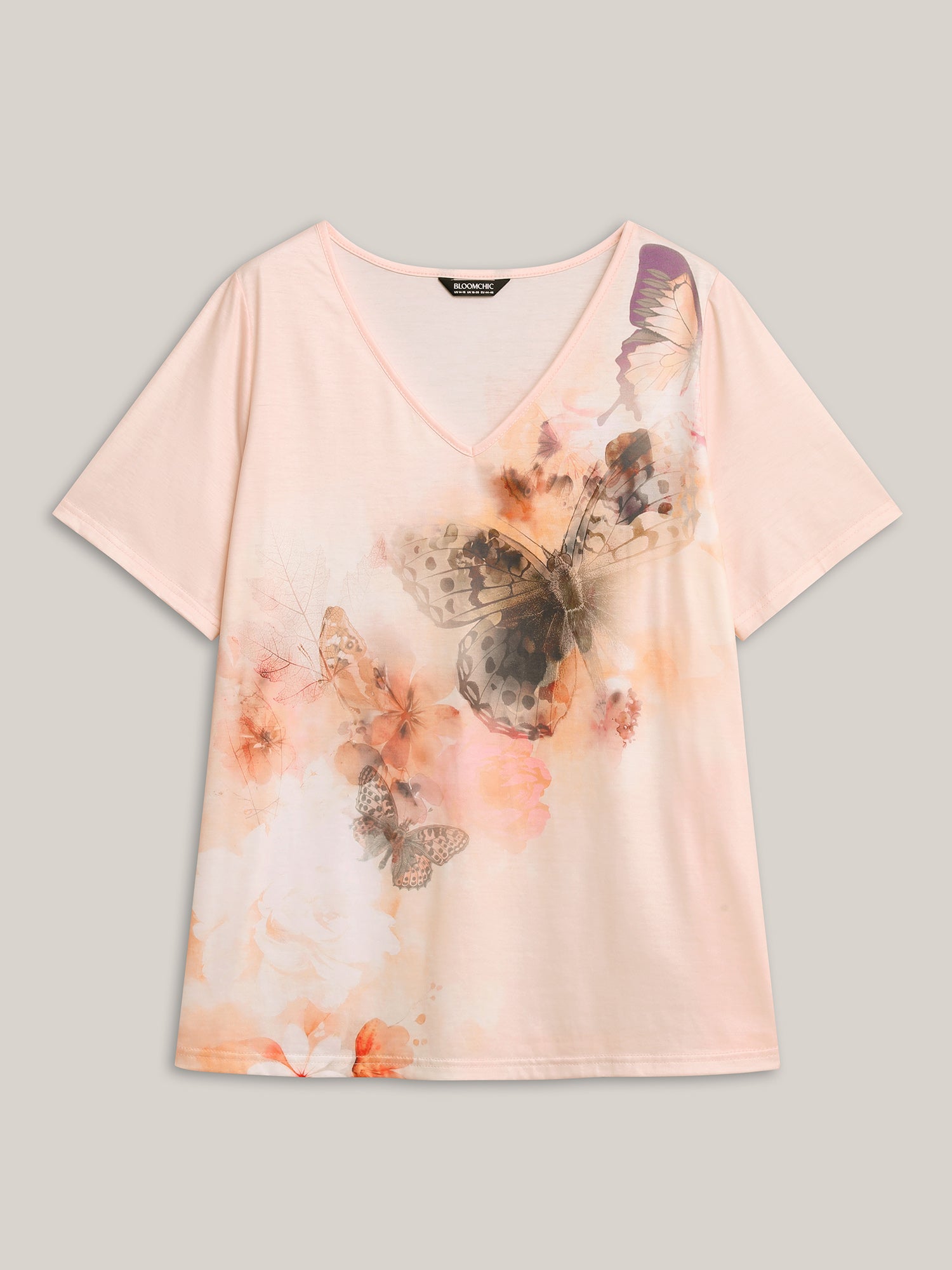 Stretchy Butterfly Print V Neck T-Shirt