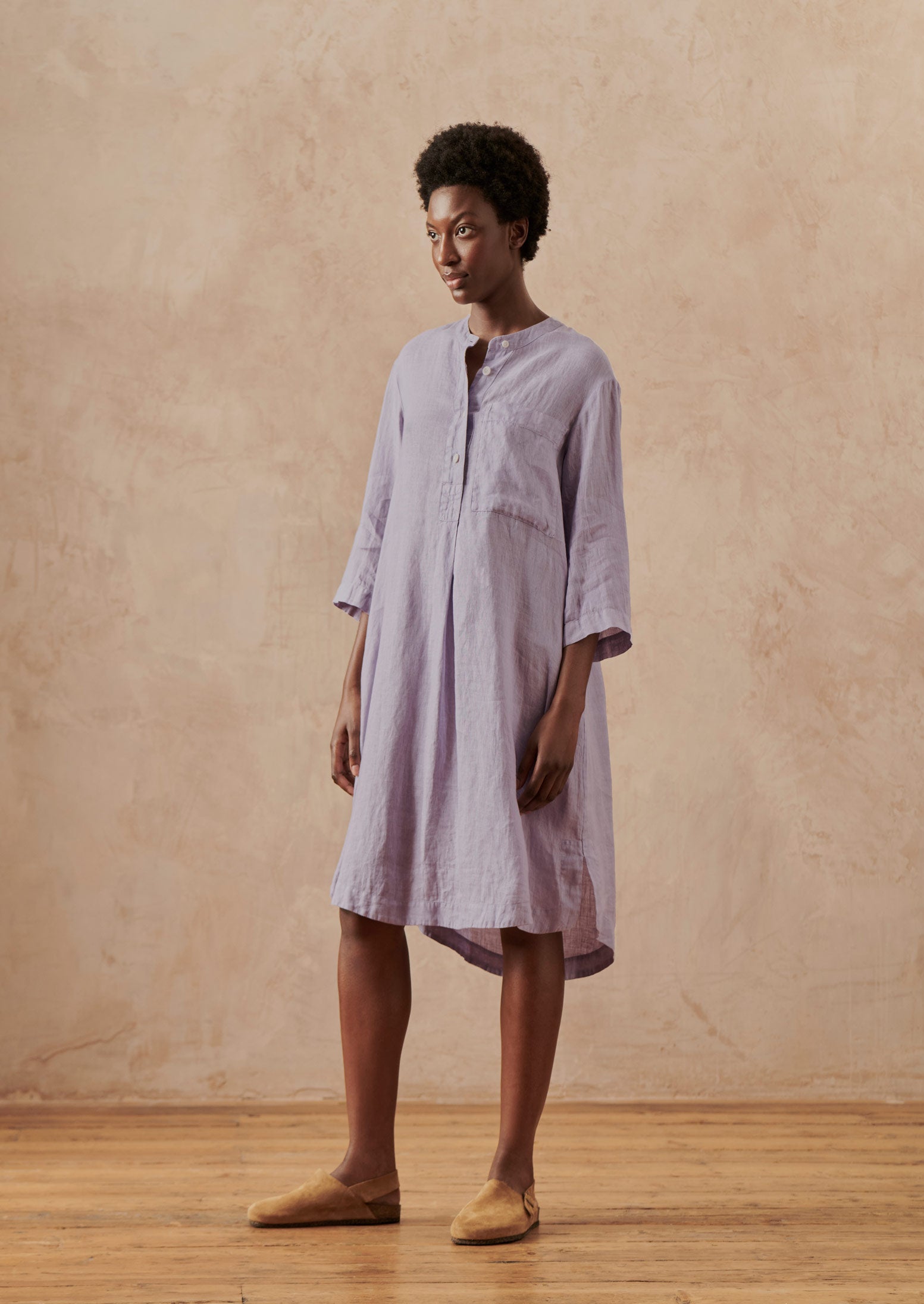 Half Placket Lightweight Linen Lounge Dress | Blue Stone