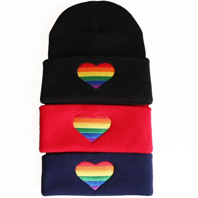 Unisex Minimalist Rainbow Heart Shape Embroidery Crimping Wool Cap