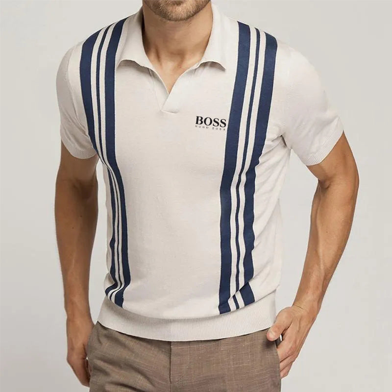 BOSS Men-s striped color block casual short-sleeved polo shirt