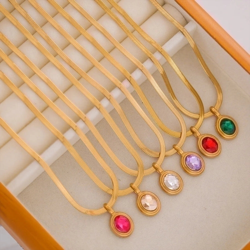 Stainless Steel 18K Gold Plated Lady Plating Inlay Oval Rhinestones Pendant Necklace
