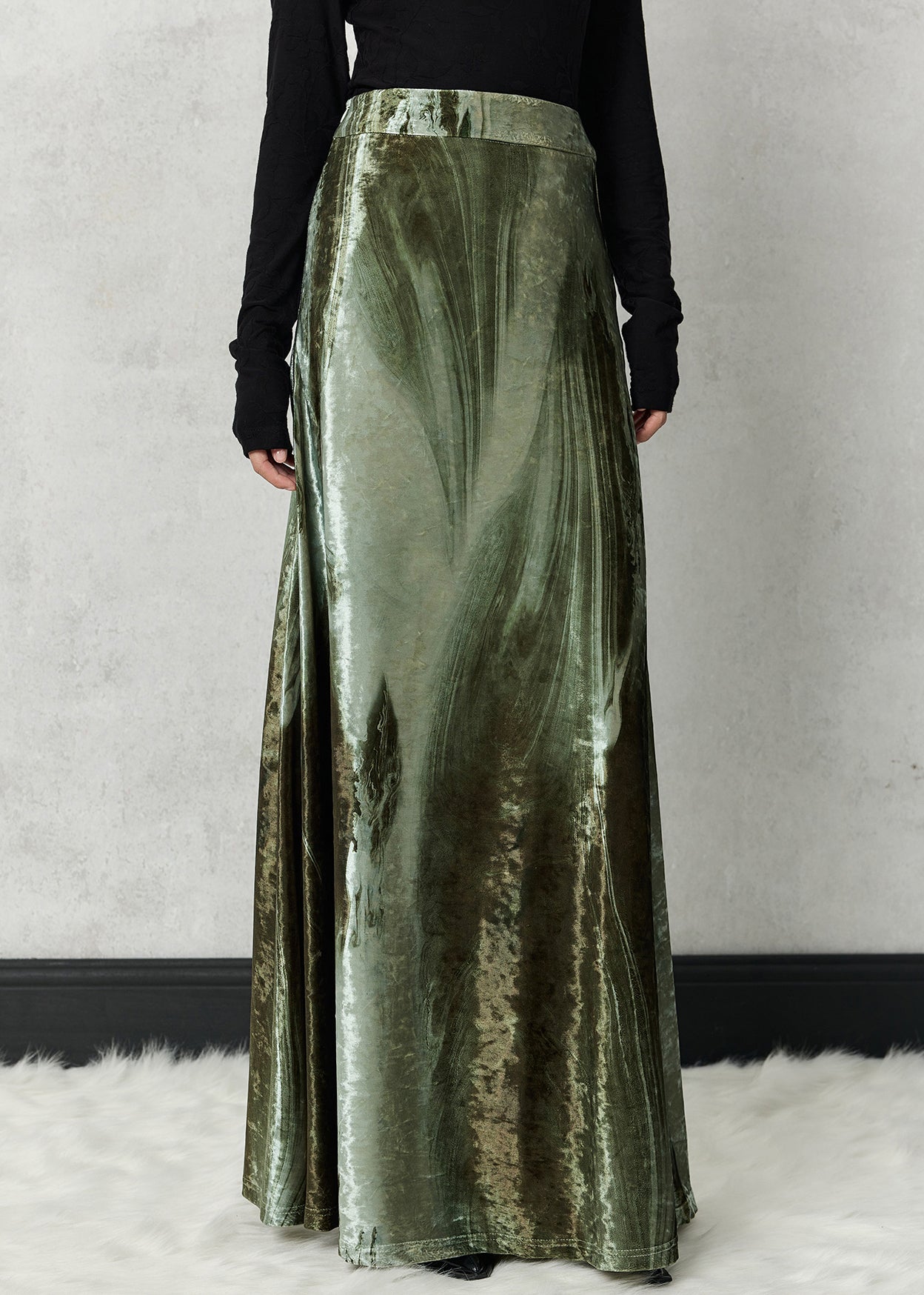 Green Original Design Silk Velvet Spring Skirts High Waist