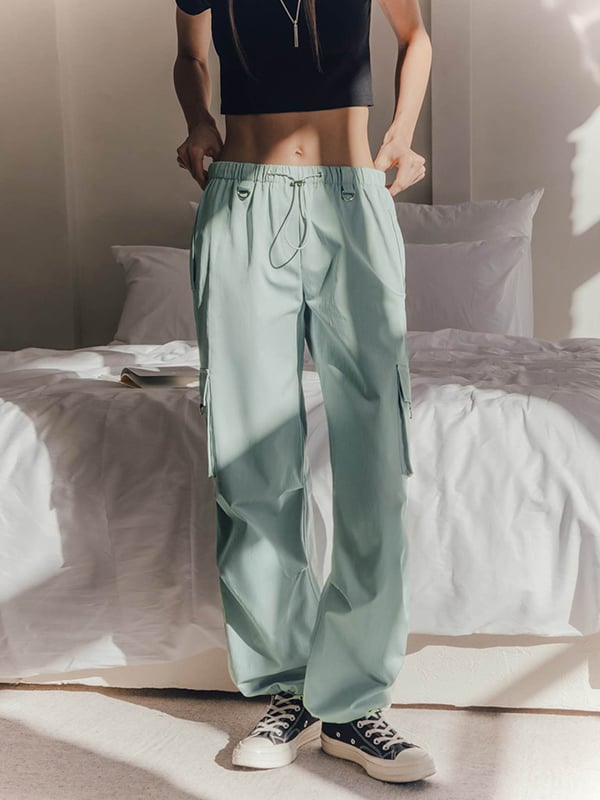 High Waisted Loose Drawstring Elasticity Pockets Split-Joint Pants Trousers