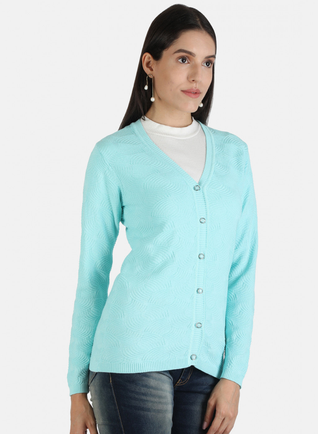 Women Blue Self Cardigan