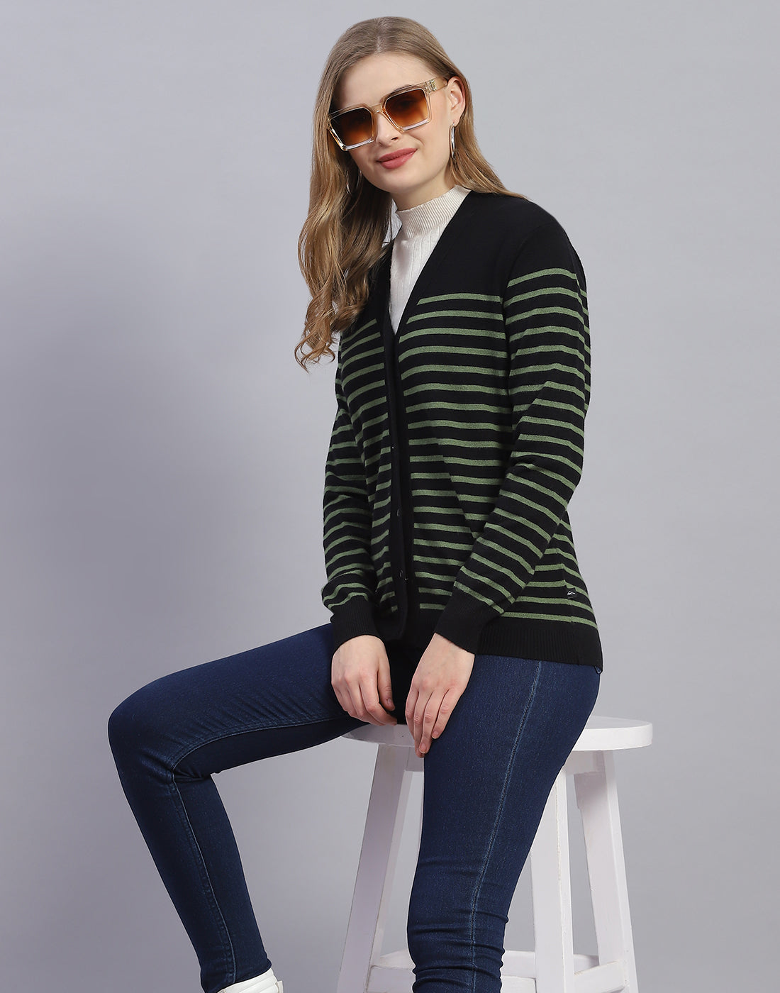 Women Black Stripe V Neck Full Sleeve Cardigan