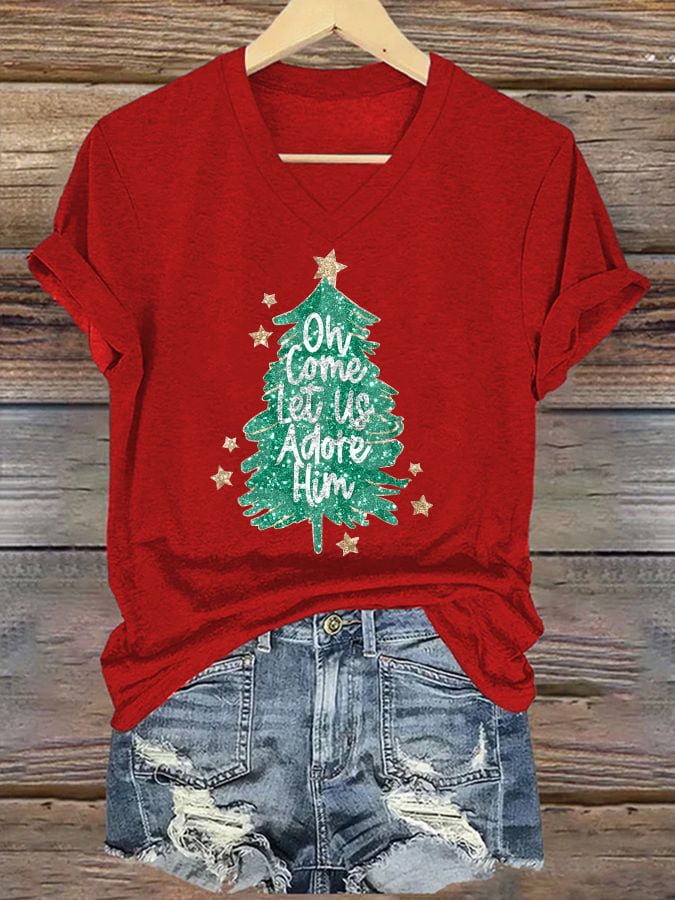 Women's Sequined Christmas Tree Print Casual T-shirt