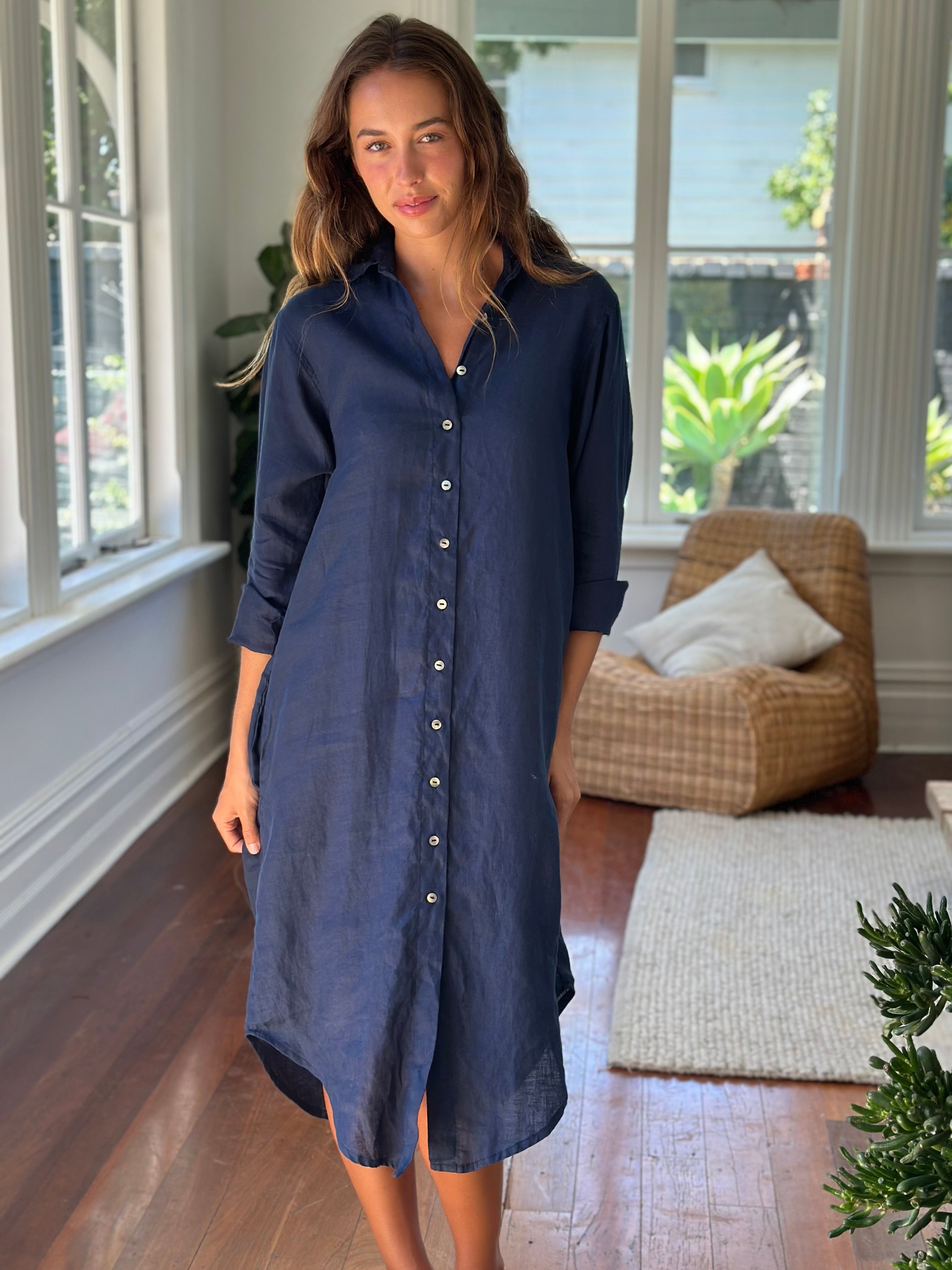 elena shirtdress - navy linen