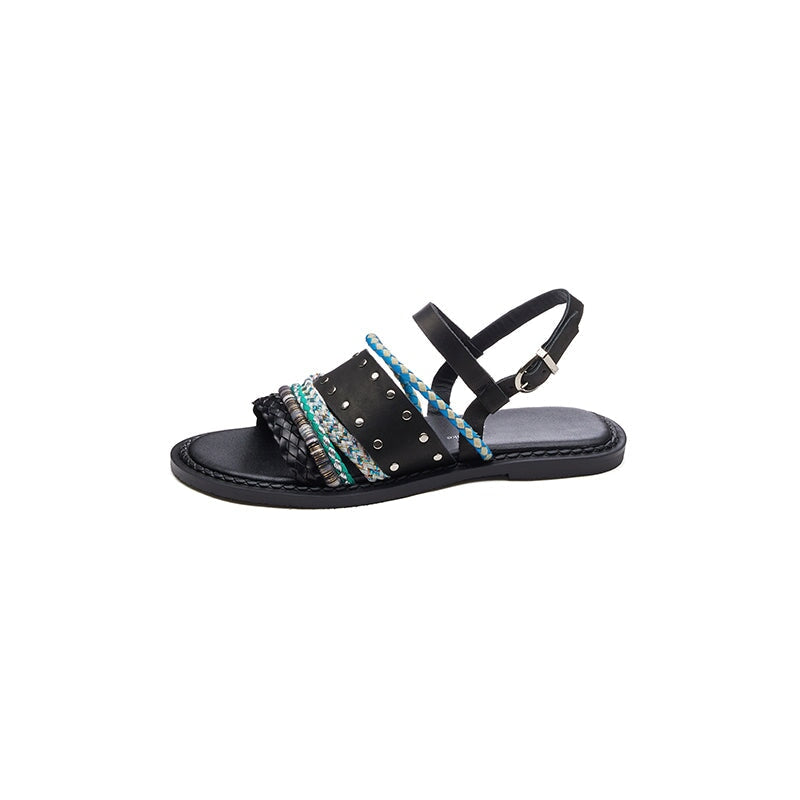 Fashion Woven Leather Roman Style Slingback Flat Sandals with Studs in Black/Brown/Beige