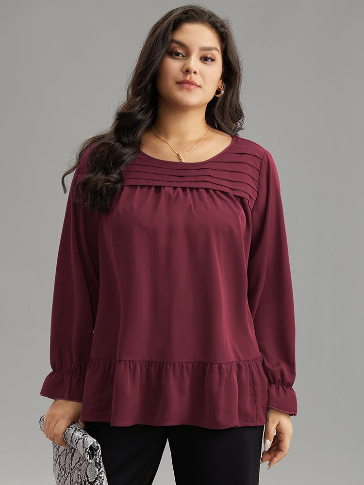 Static-Free Plain Pleated Ruffles Lantern Sleeve Blouse