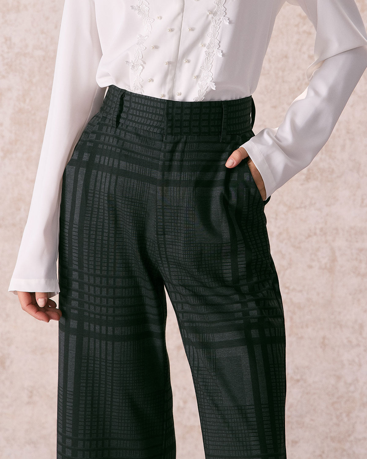 The Grey High Waisted Plaid Wide Leg Pants