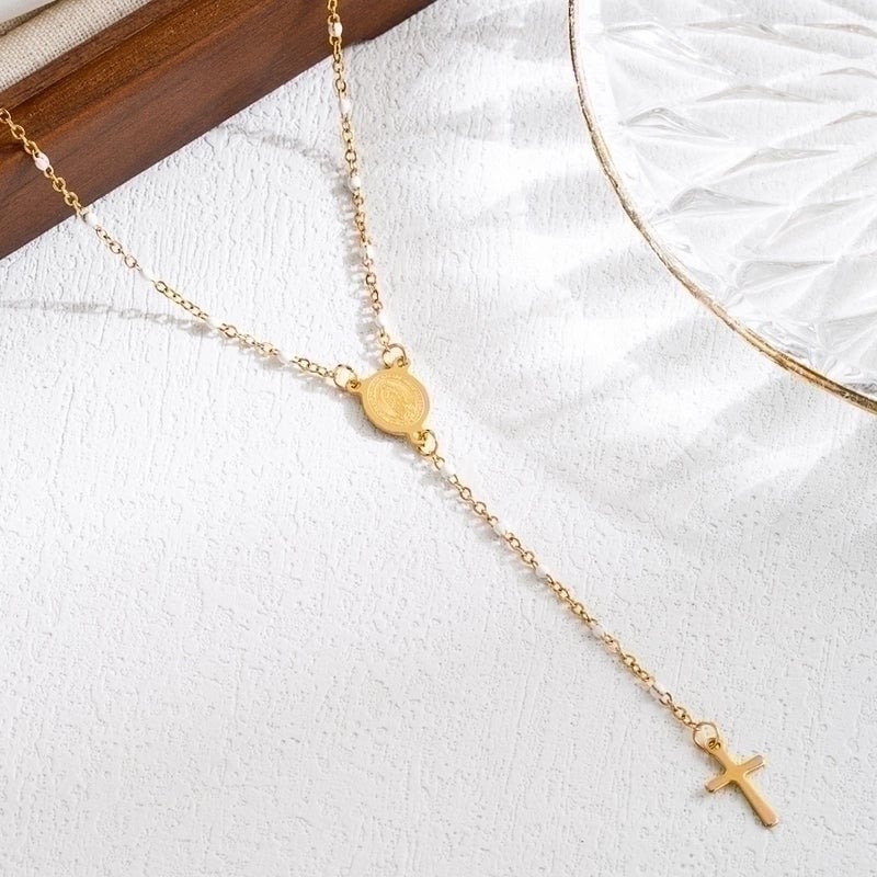 3 Pieces Elegant Classical Cross Virgin Mary Priest Stainless Steel Beaded Plating 18k Gold Plated Necklace