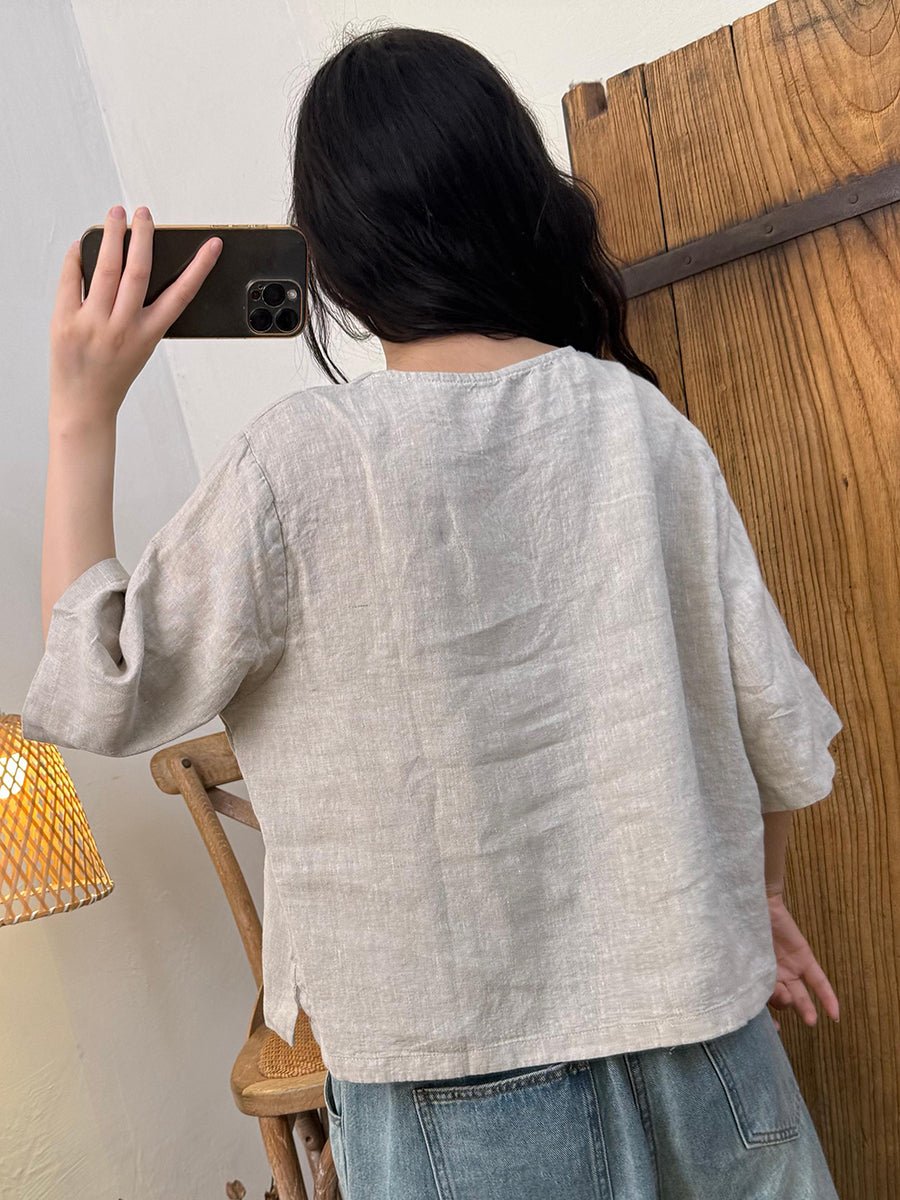 Women Summer Retro Pure Color V-Neck Linen Shirt