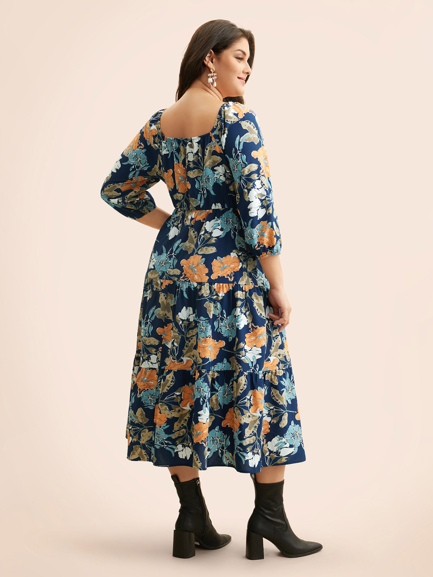 Square Neck Floral Shirred Midi Dress