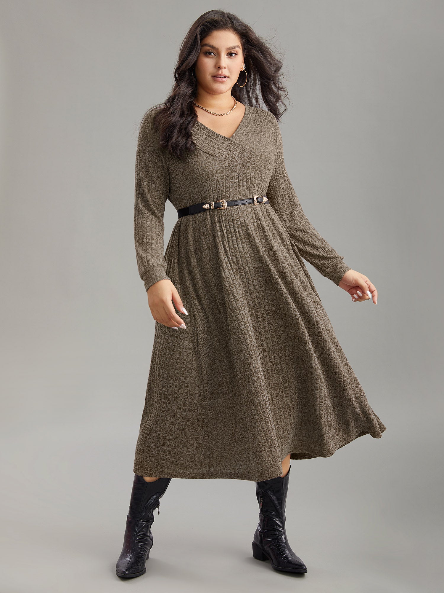 Rib Knit Plain Plisse Long Sleeve Dress