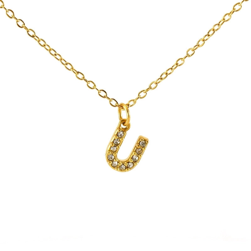 Minimalist Classic Style Letter Titanium Steel Zircon 18K Gold Plated Inlay Pendant Necklace