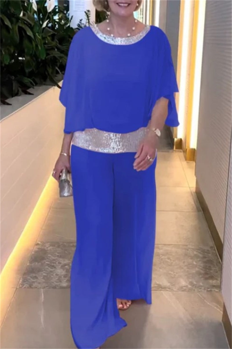 Casual Solid Color Sequins Patchwork O Neck Half Sleeve Two Pieces