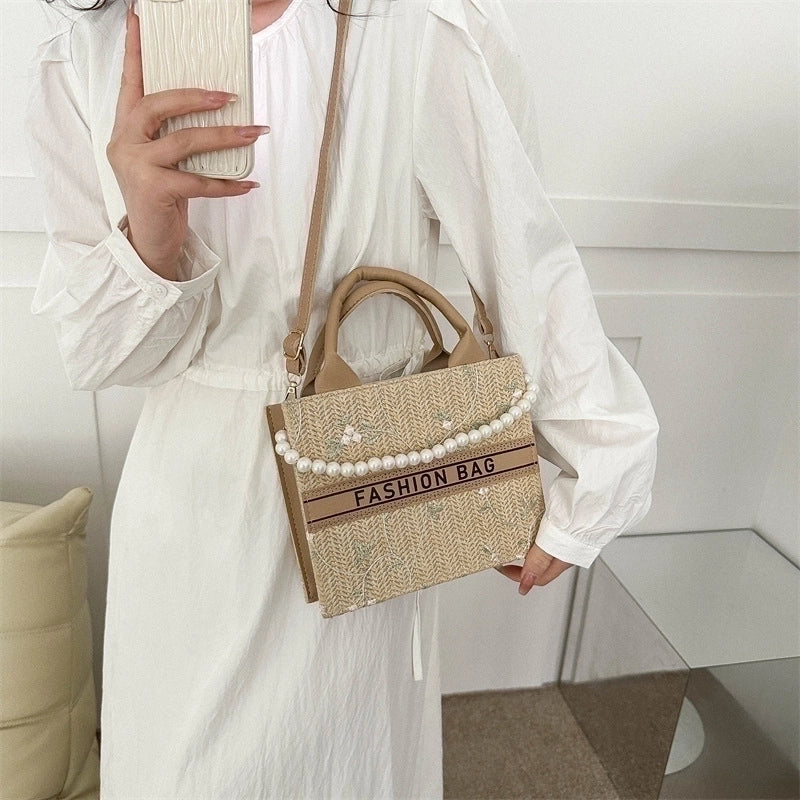 Women's Pu Leather Straw Letter Flower Elegant Vacation Pearls Square Open Shoulder Bag Handbag Crossbody Bag