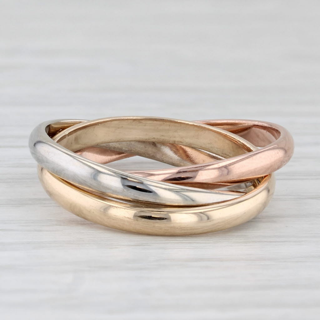 Tri-Toned 3-Band Puzzle Ring 14k Yellow White Rose Gold Size 6.25