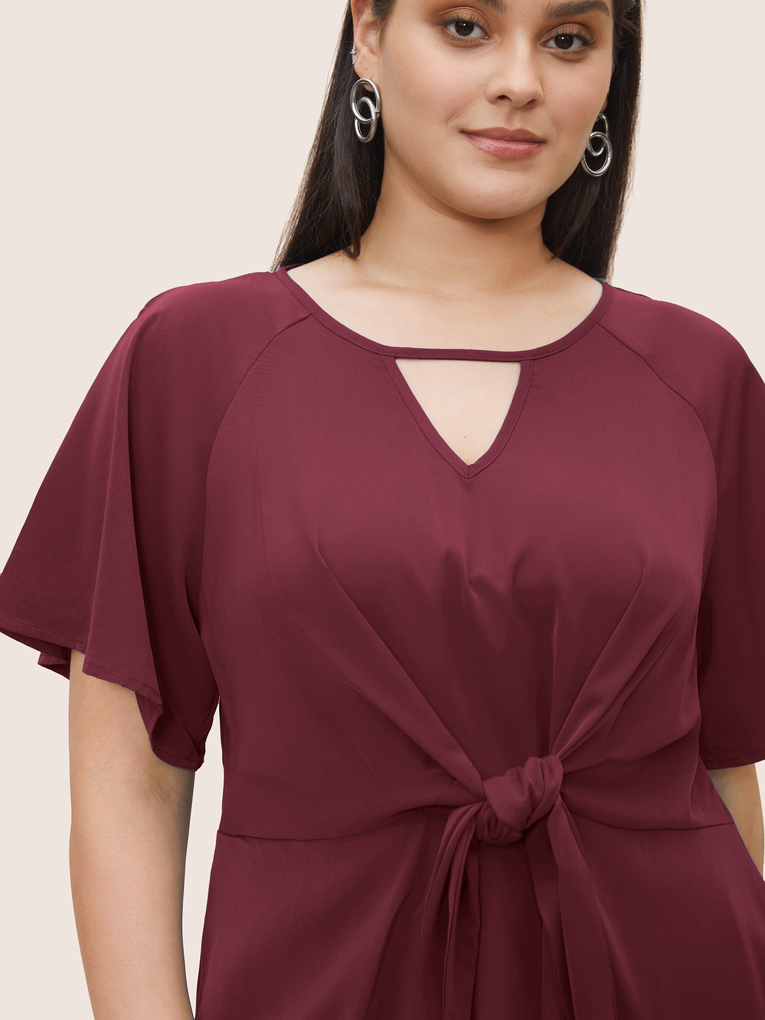 Plain Keyhole Knotted Front Ruffle Sleeve Blouse