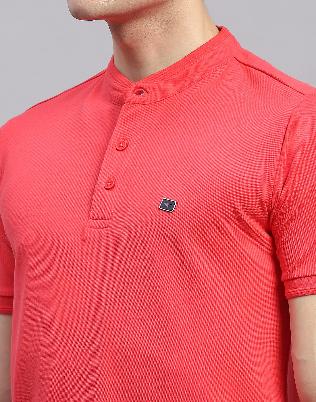 Men Pink Solid Band Collar Half Sleeve T-Shirt