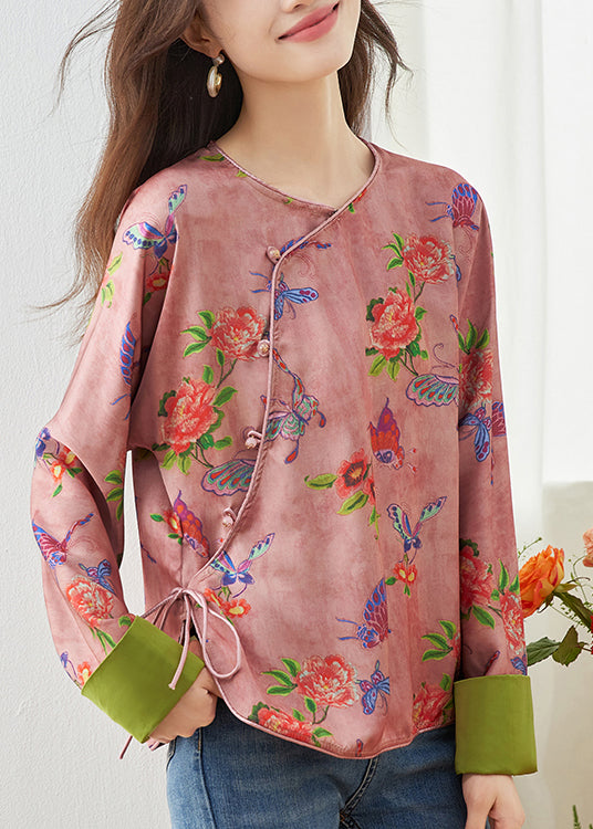 Vintage Plus Size Pink O Neck Print Shirt Top Spring