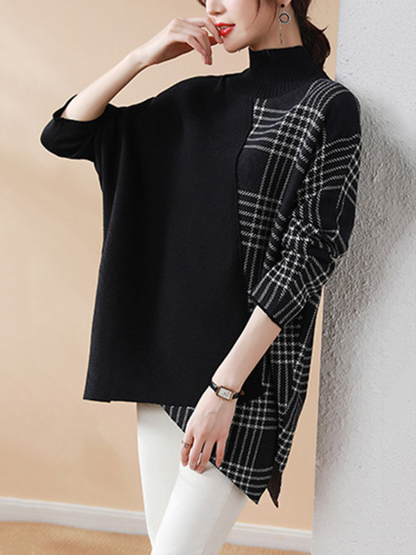 Casual Loose 3 Colors Split-Joint Plaid High-Neck Batwing Long Sleeves Sweater Top