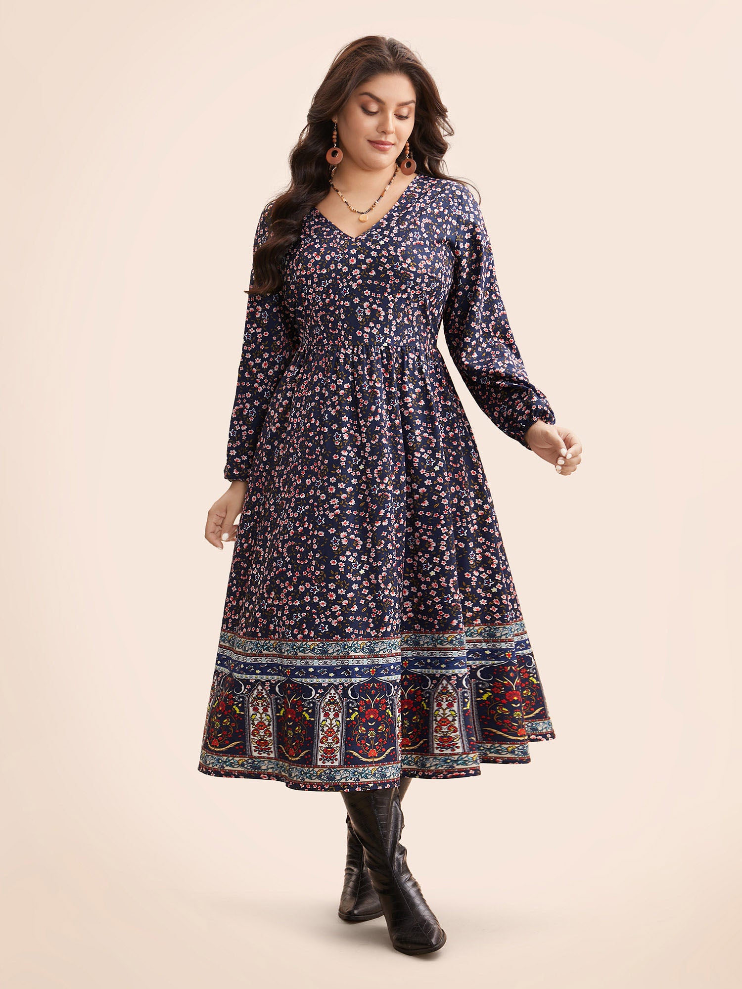 Boho Print Lantern Sleeve Midi Dress