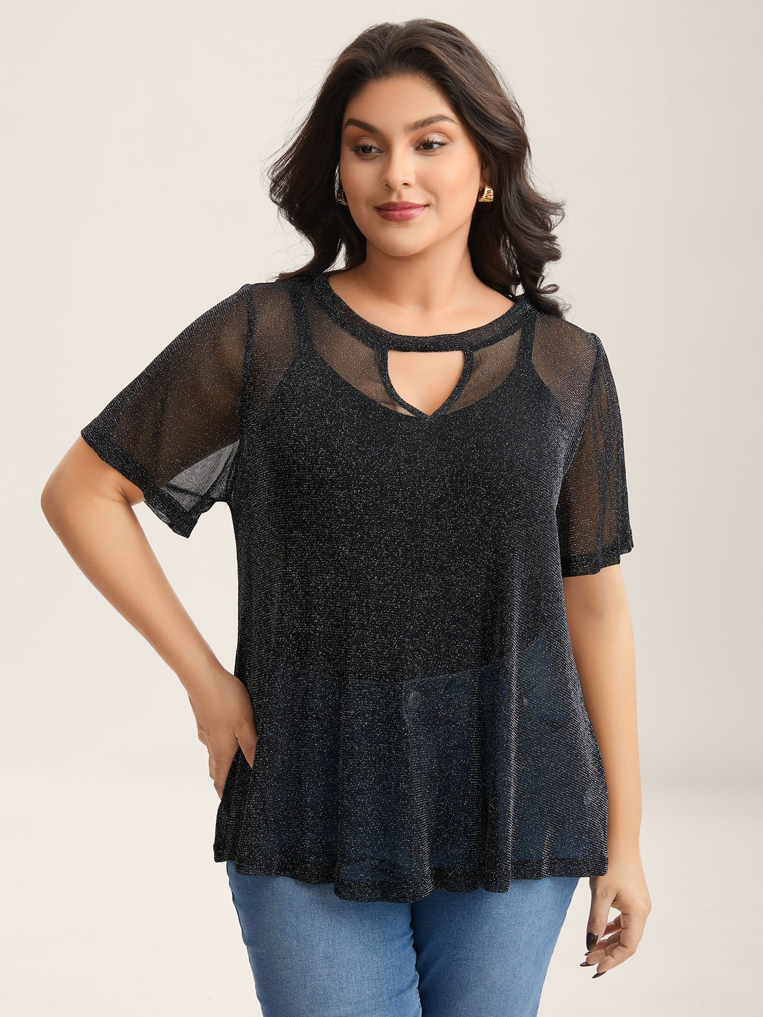 Luxe Sheer Stretchy Neck Cut-Out Solid Top