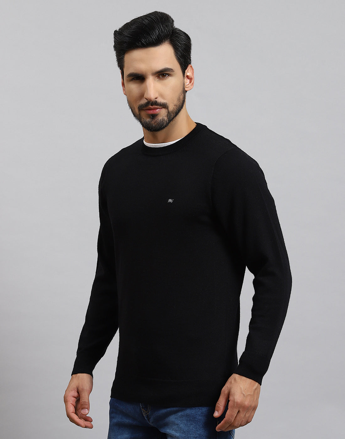 Men Black Solid Round Neck Full Sleeve Pullover