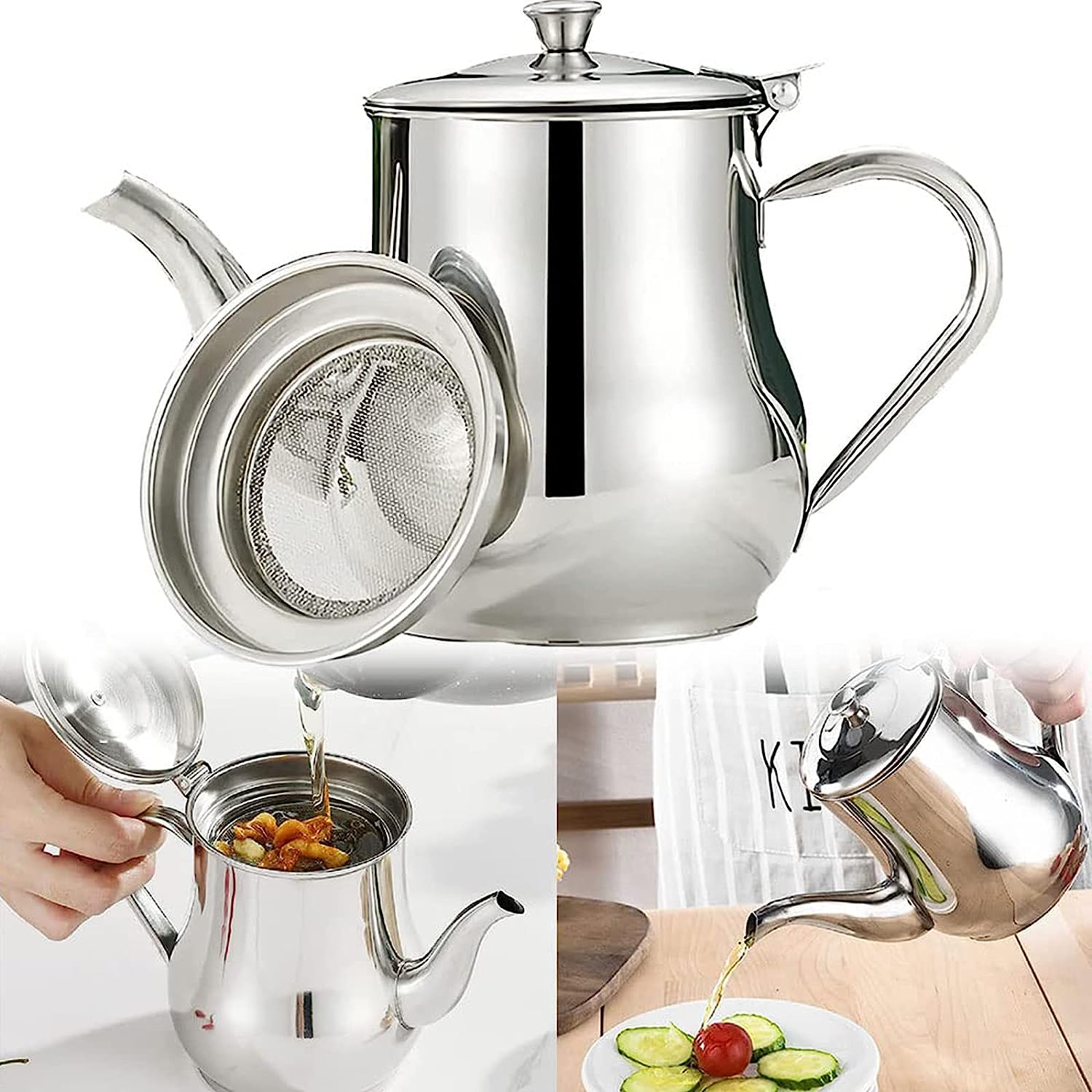 Stainless Steel Oil Cooking Grease Container With Fine Mesh Strainer