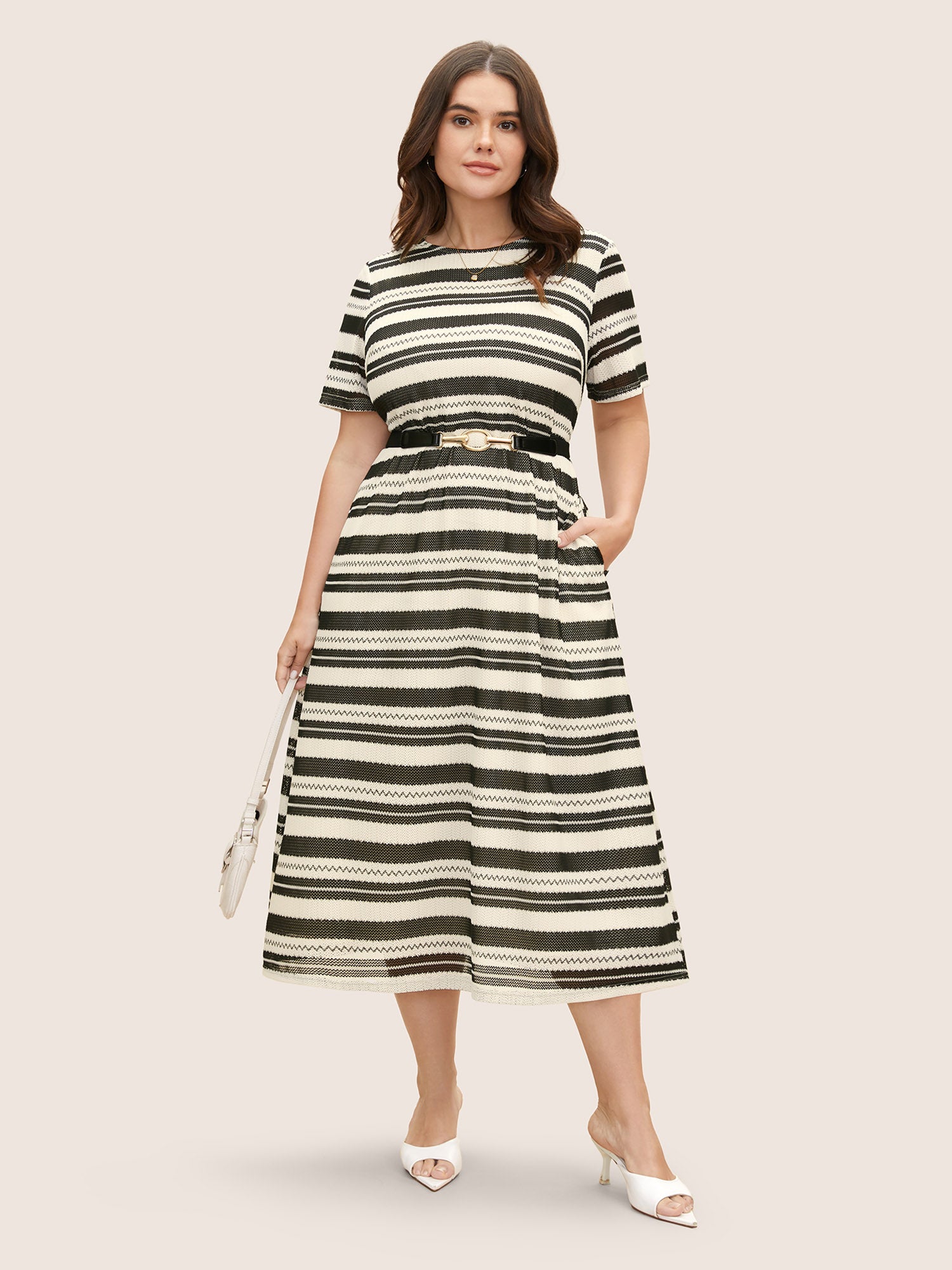 Striped Texture Crew Neck Midi Knit Dress