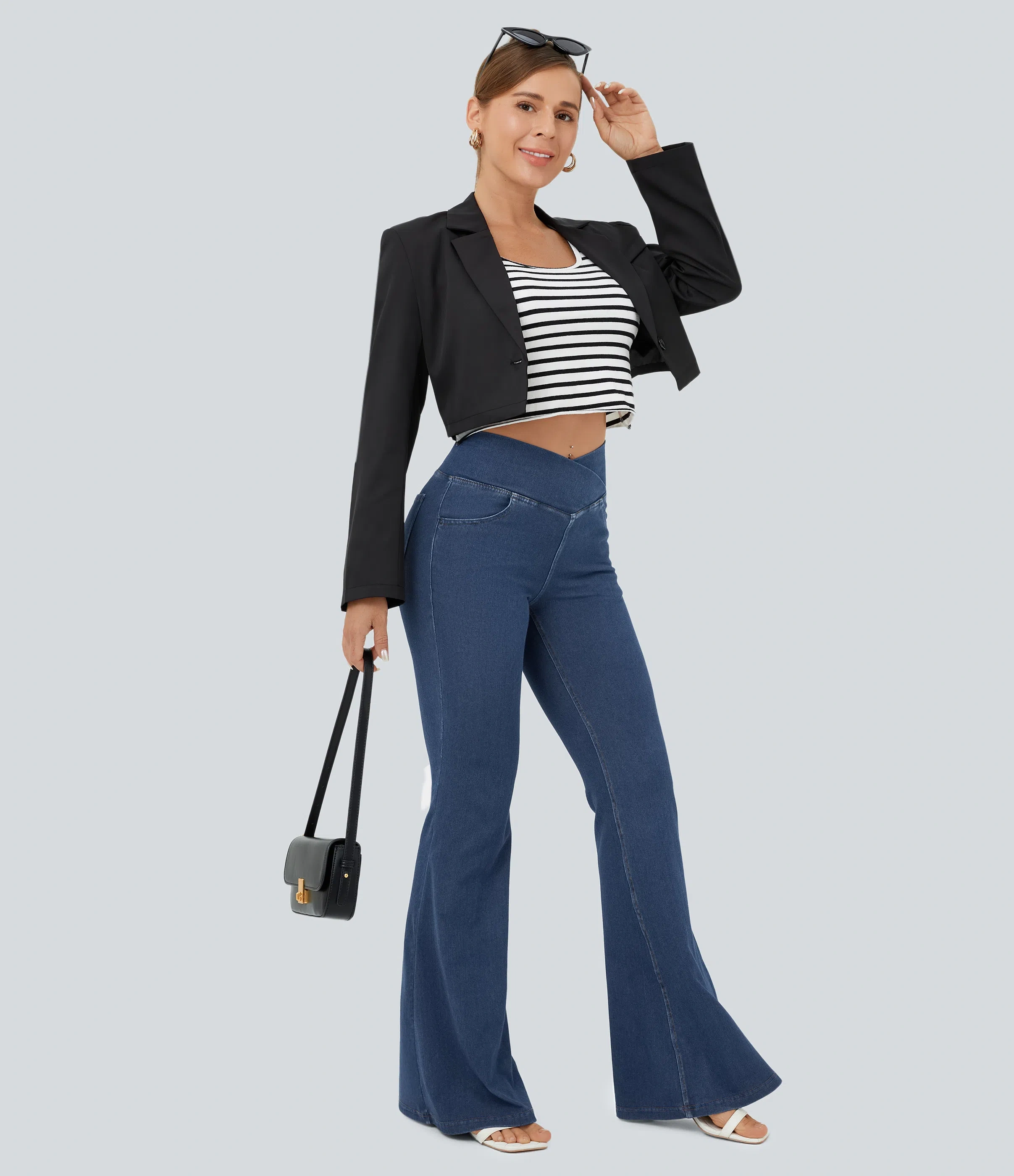 ⚡8 Packs for $25.95⚡- High Waisted Crossover Pocket Washed Stretchy Knit Casual Super Flare Jeans