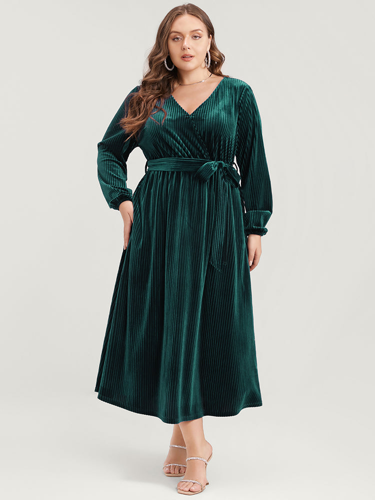 Striped Velvet Pocket Lantern Sleeve Belted Wrap Dress