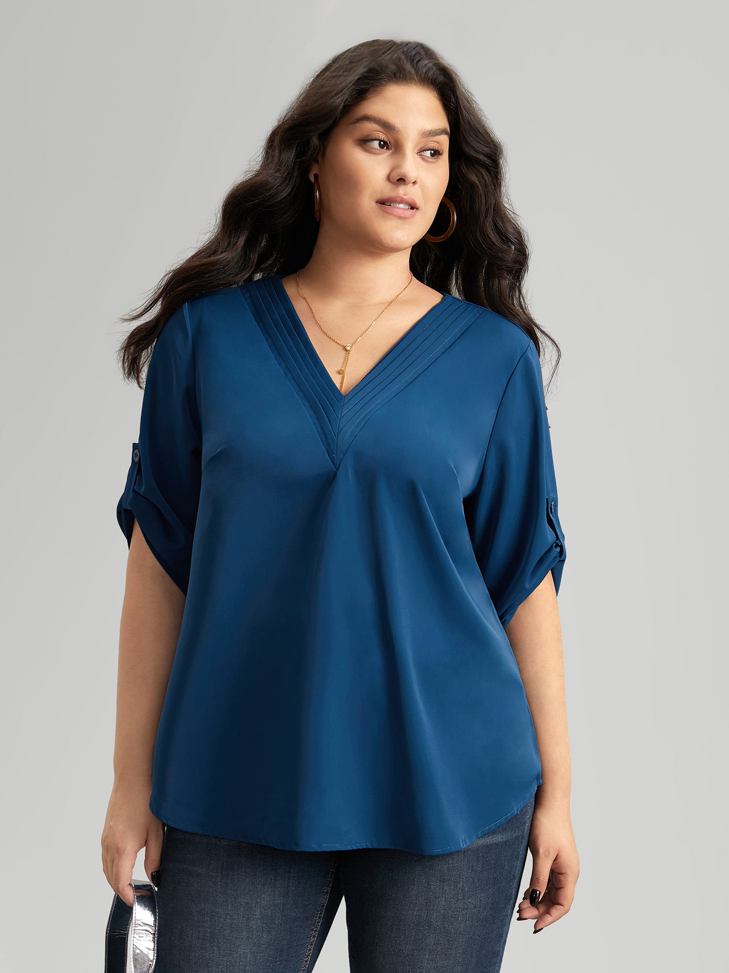 V Neck Plain Pleated Tab Sleeve Blouse