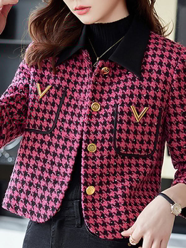 Long Sleeves Plus Size Buttoned Houndstooth Pockets Split-Joint Lapel Outerwear