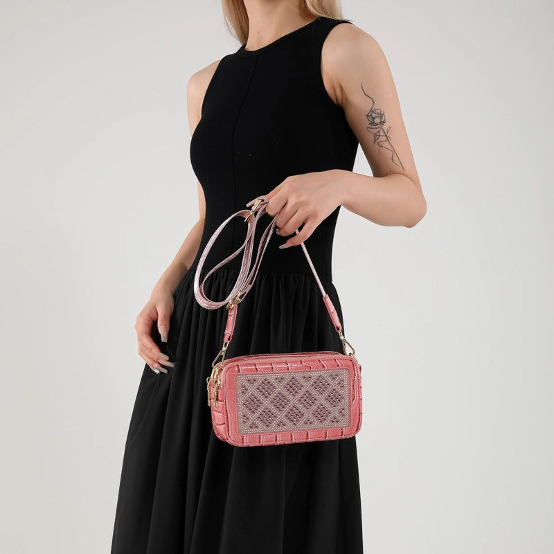 Women's Small Pu Leather Argyle Elegant Square Zipper Crossbody Bag