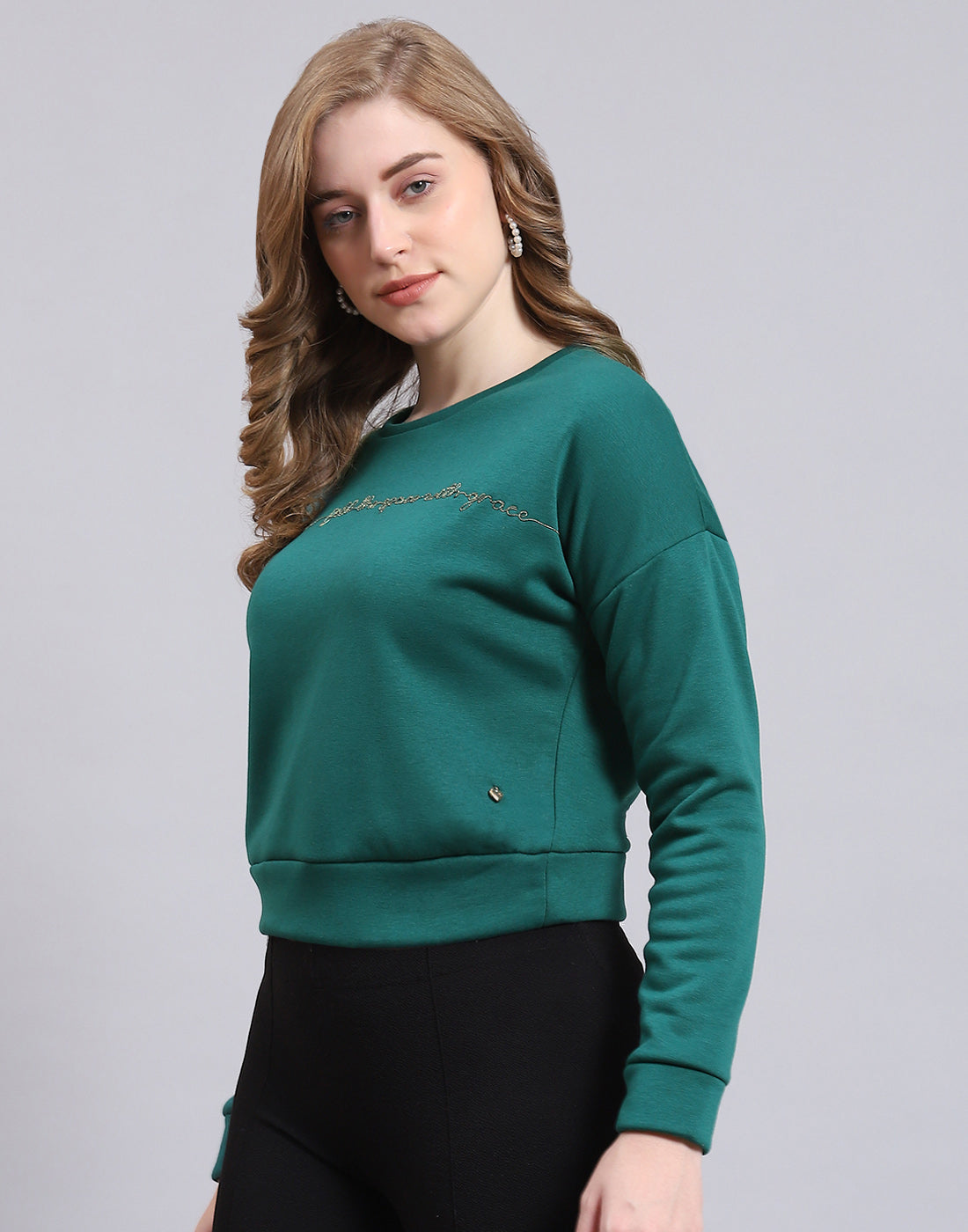 Women Teal Blue Embroidered Round Neck Full Sleeve Sweatshirt