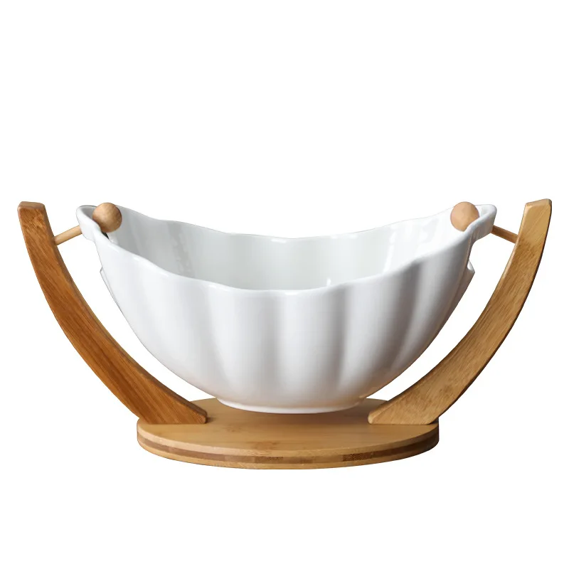 HANGING CERAMIC SALAD BOWL WITH BAMBOO STAND PORCELAIN FRUIT DESSERT TABLEWARE