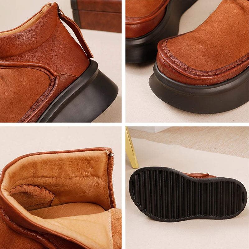Retro Genuine Leather Platform Short Boots For Women Round Toe in Black/Brown