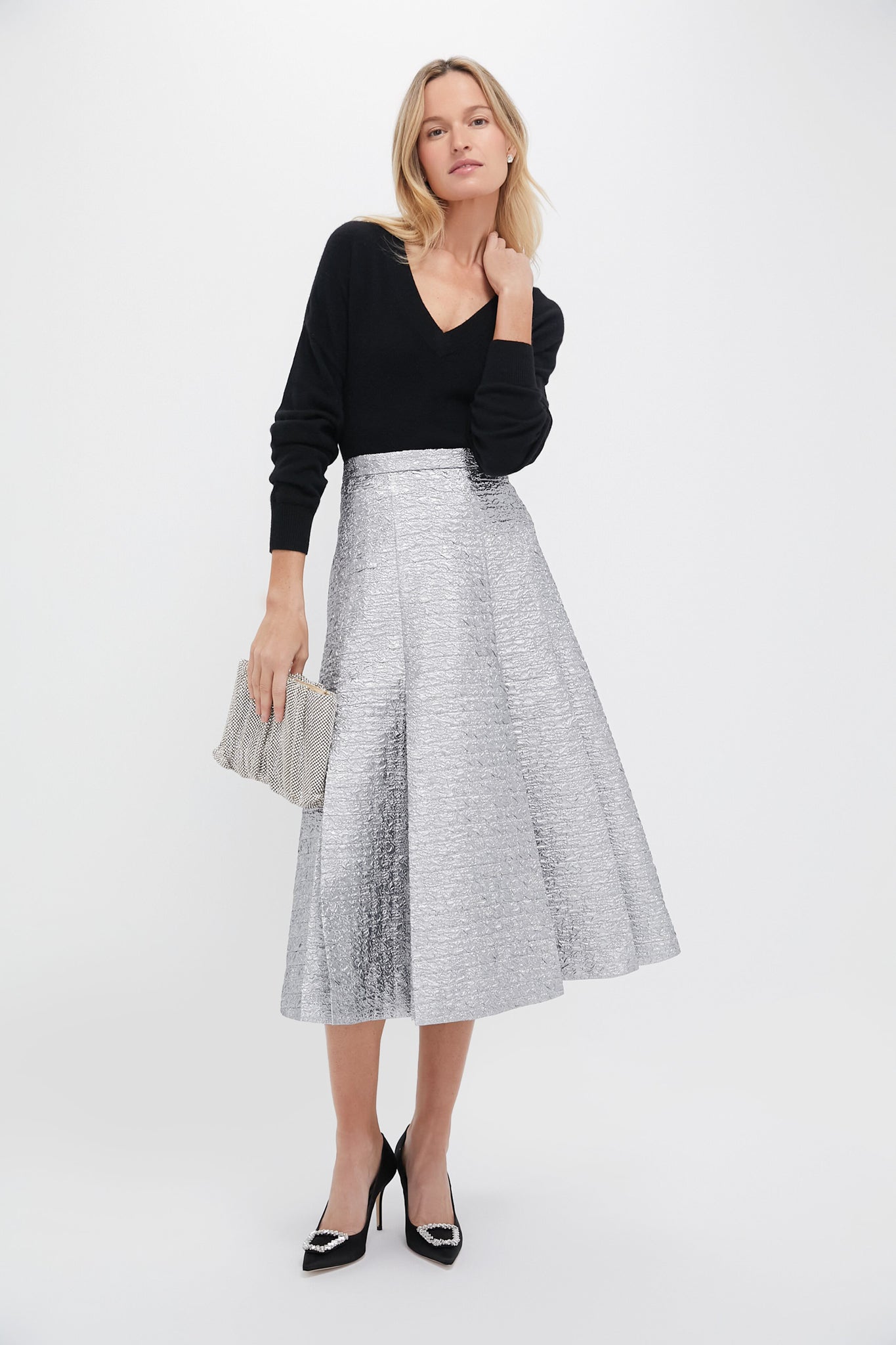 Silver Metallic Seersucker Kensie Skirt
