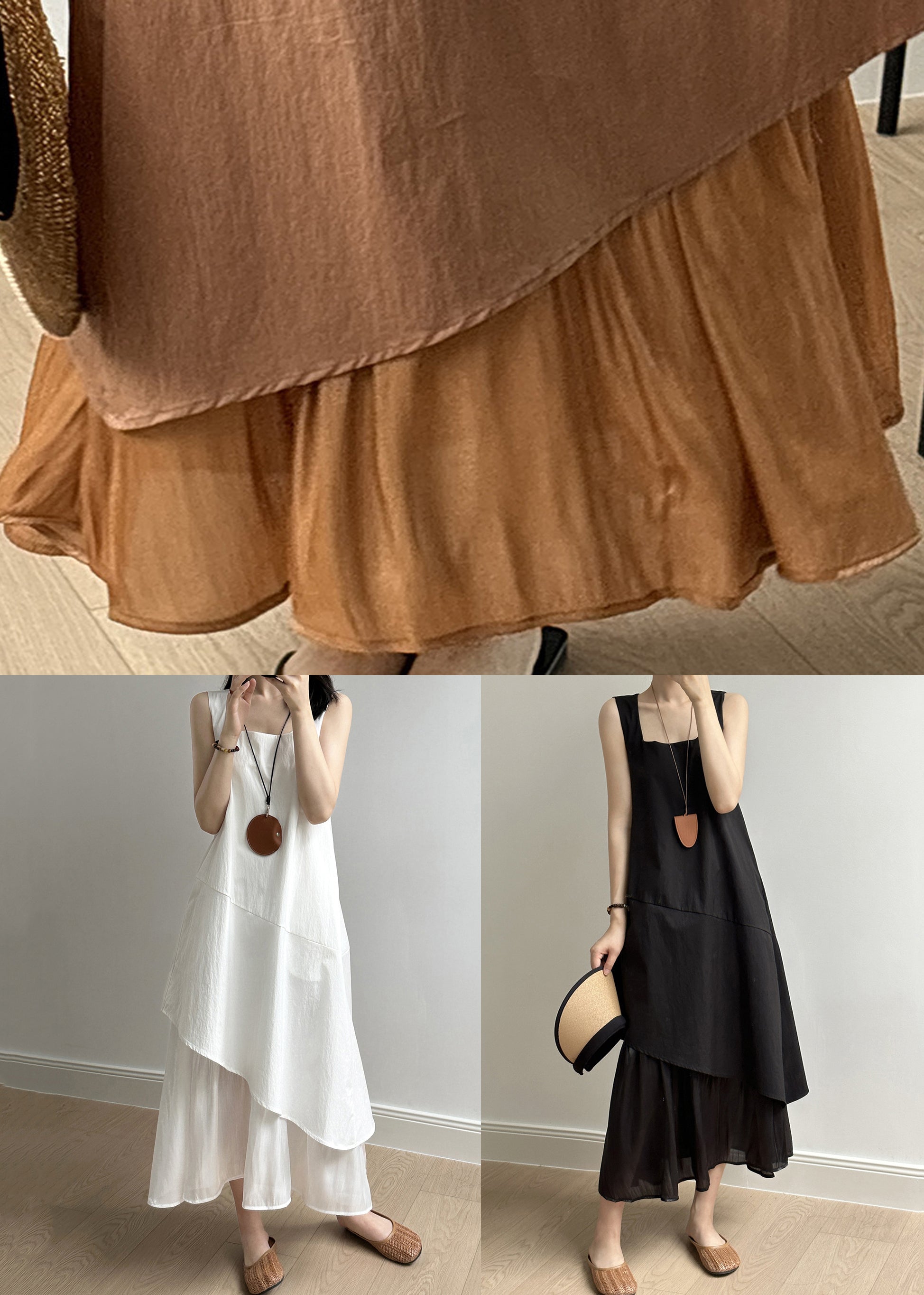 Simple Black Asymmetrical Pockets Solid Cotton Long Dress Summer