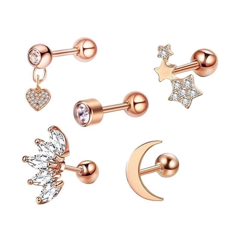 Minimalist Heart Shape Stainless Steel Plating Zircon Ear Studs 5 Piece Set