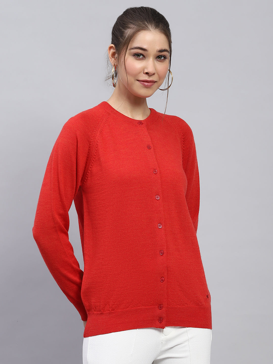 Women Red Solid Round Neck Full Sleeve Cardigan