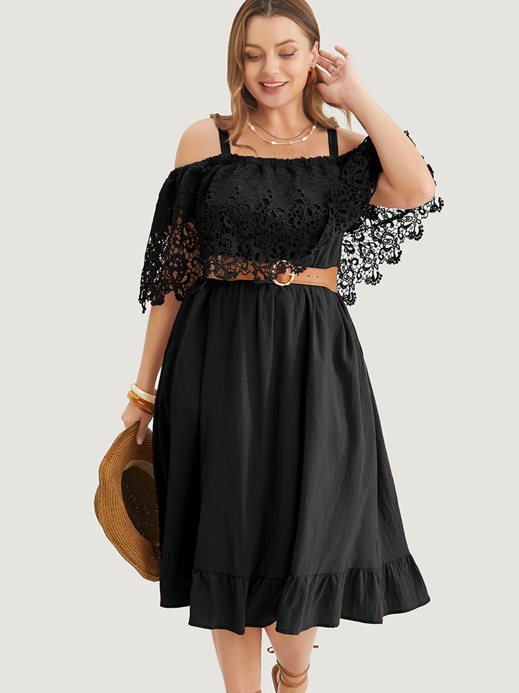 Solid Cold Shoulder Contrast Lace Pocket Ruffle Hem Dress